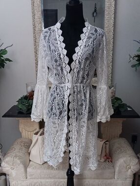 Sheer White Lace Kimono Cover-Up
